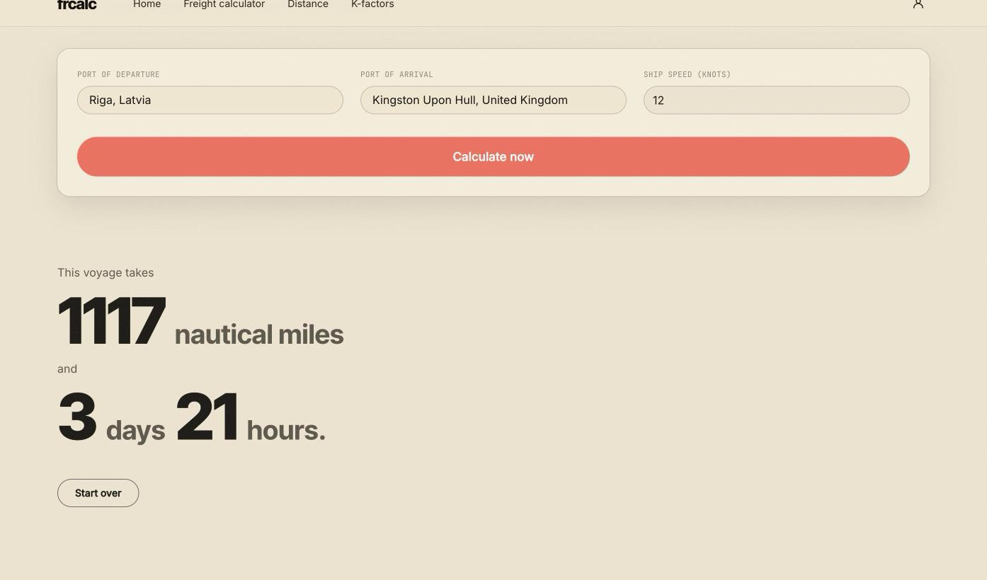 The distance page, showing a sea passage between two ports measured in nautical miles, with the voyage time in days and hours below it.