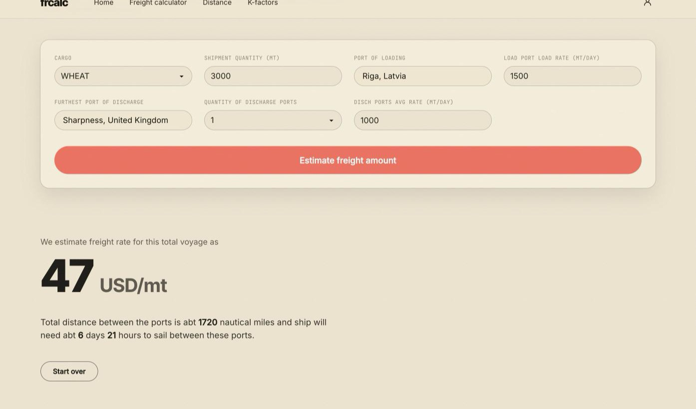 The freight estimator, showing an estimated rate in US dollars per metric tonne for a parcel of wheat, with the passage distance and sailing time below it.